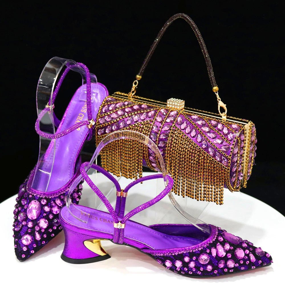 Italian Pointed Heel & Bag Set Diamond Lace Matching Design - Purple - Women - Shoes - Milvertons