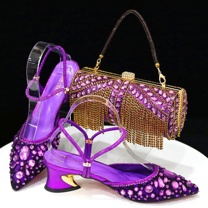 Italian Pointed Heel & Bag Set Diamond Lace Matching Design - Purple - Women - Shoes - Milvertons