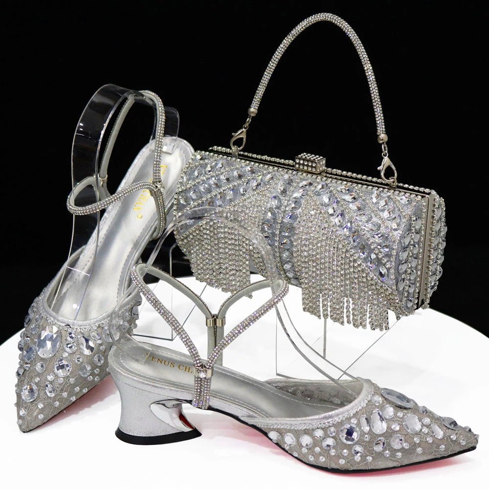 Italian Pointed Heel & Bag Set Diamond Lace Matching Design - Silver - Women - Shoes - Milvertons