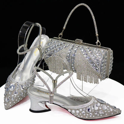 Italian Pointed Heel & Bag Set Diamond Lace Matching Design - Silver - Women - Shoes - Milvertons