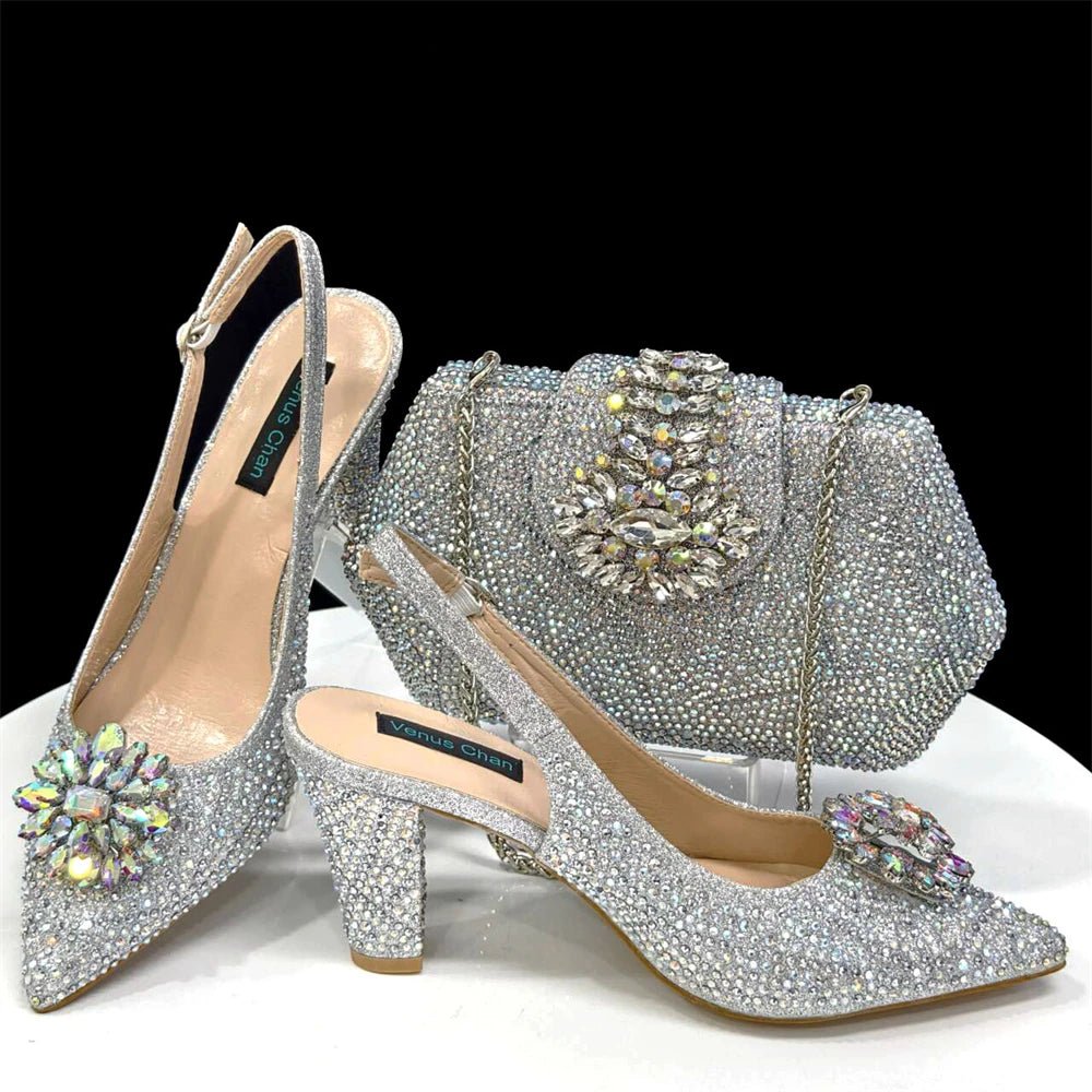 Italian Rhinestone Heel & Clutch Set for Women - Silver - Women - Shoes - Milvertons