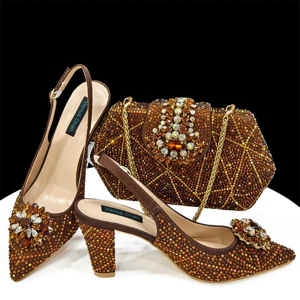 Italian Rhinestone Heel & Clutch Set for Women - Brown - Women - Shoes - Milvertons