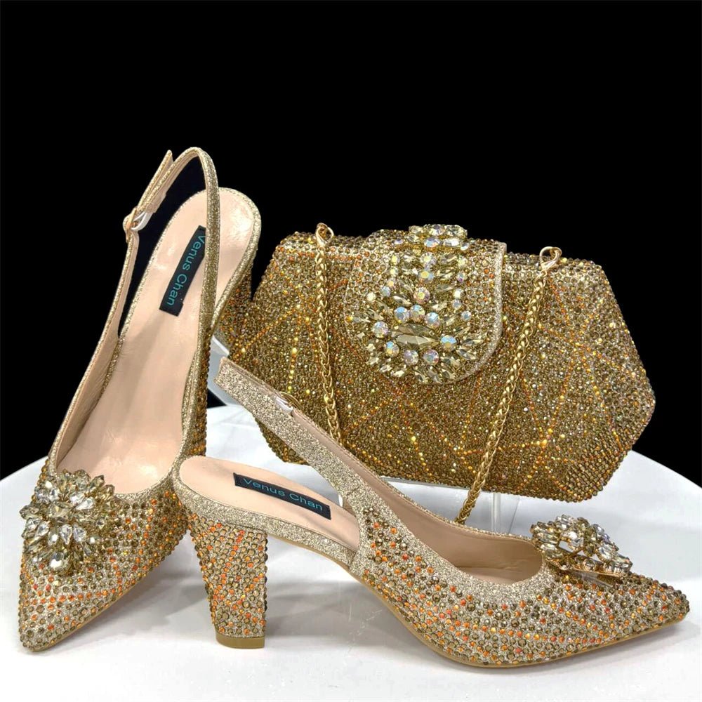 Italian Rhinestone Heel & Clutch Set for Women - Gold - Women - Shoes - Milvertons