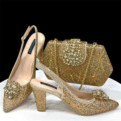 Italian Rhinestone Heel & Clutch Set for Women - Gold - Women - Shoes - Milvertons