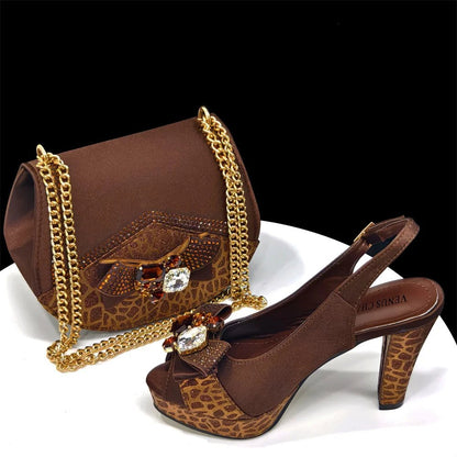 Italian Rhinestone Heels & Bag Set for African Women's Party - Coffee - Women - Shoes - Milvertons