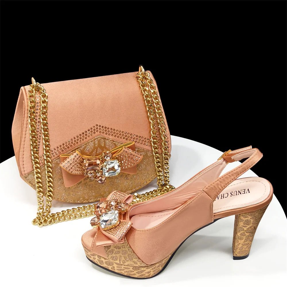 Italian Rhinestone Heels & Bag Set for African Women's Party - Peach - Women - Shoes - Milvertons
