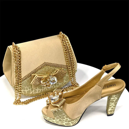 Italian Rhinestone Heels & Bag Set for African Women's Party - Gold - Women - Shoes - Milvertons