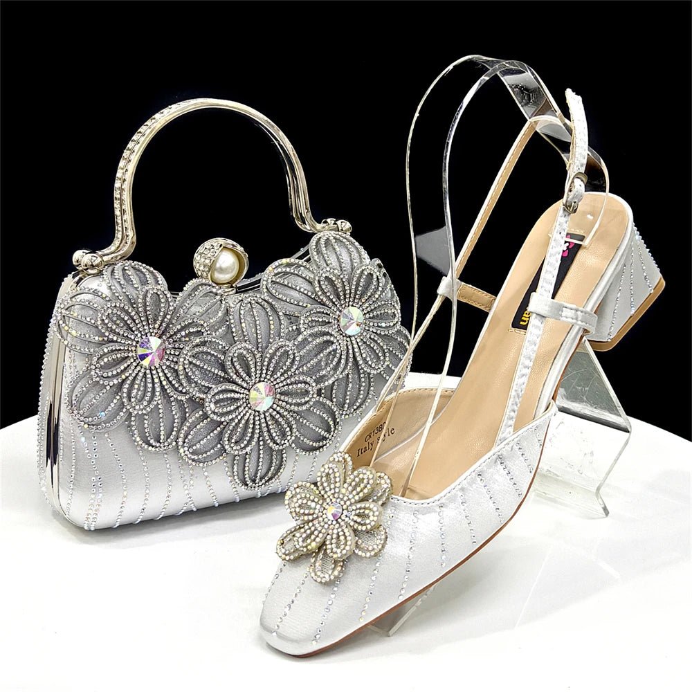 Silver floral Italian Rhinestone Heels & Clutch Bag Set | Elegant Wedding with crystal embellishments on a white surface.