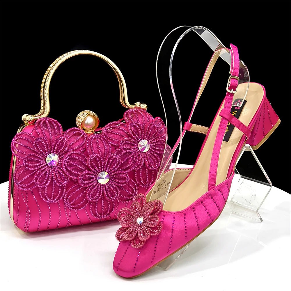 Pink Italian Rhinestone Heels & Clutch Bag Set | Elegant Wedding with floral designs on a black background