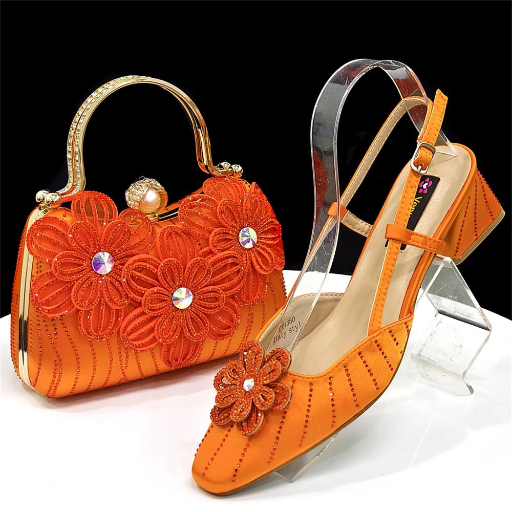 Orange floral Italian Rhinestone Heels & Clutch Bag Set | Elegant Wedding on a white background