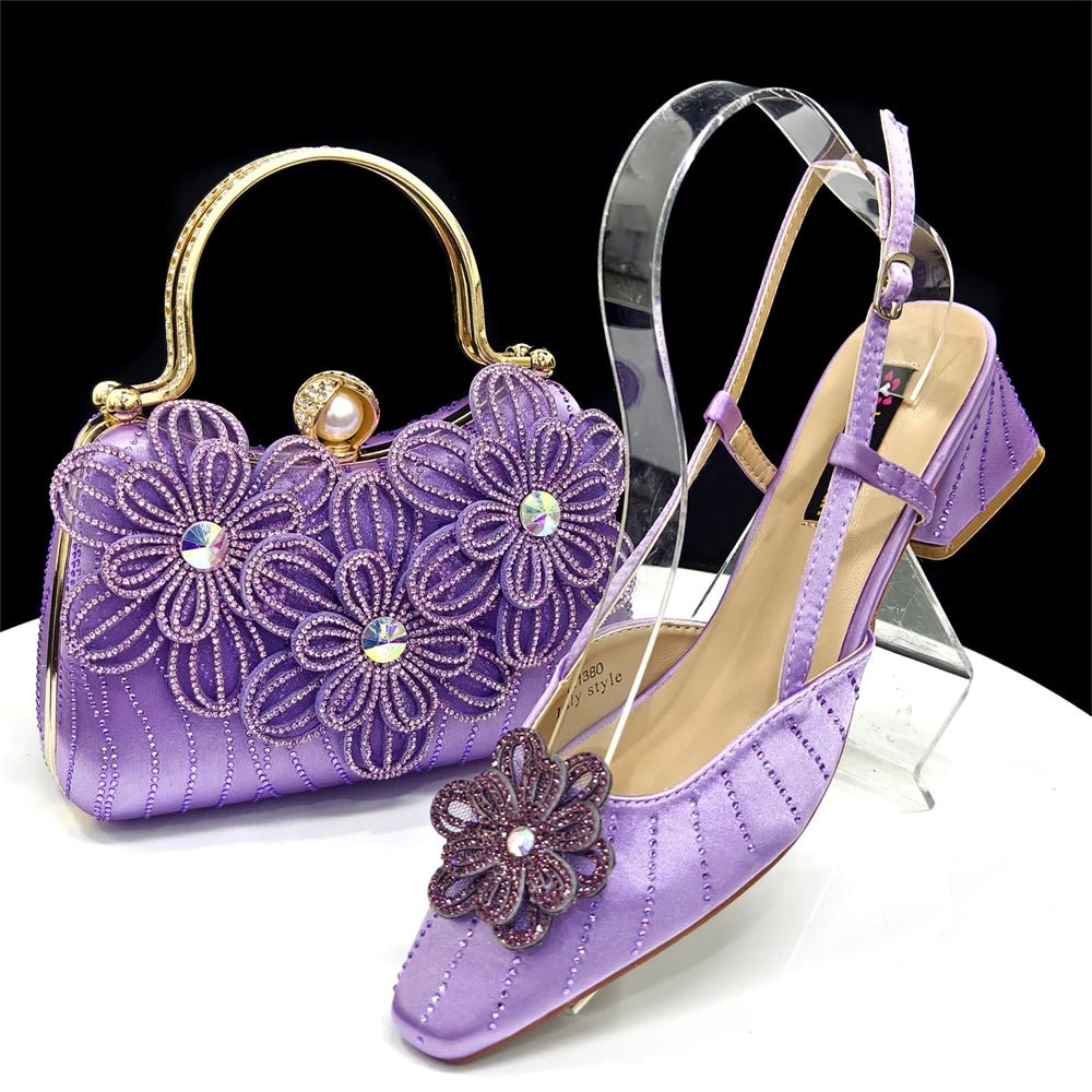 Purple Italian Rhinestone Heels & Clutch Bag Set | Elegant Wedding with floral designs on a white background