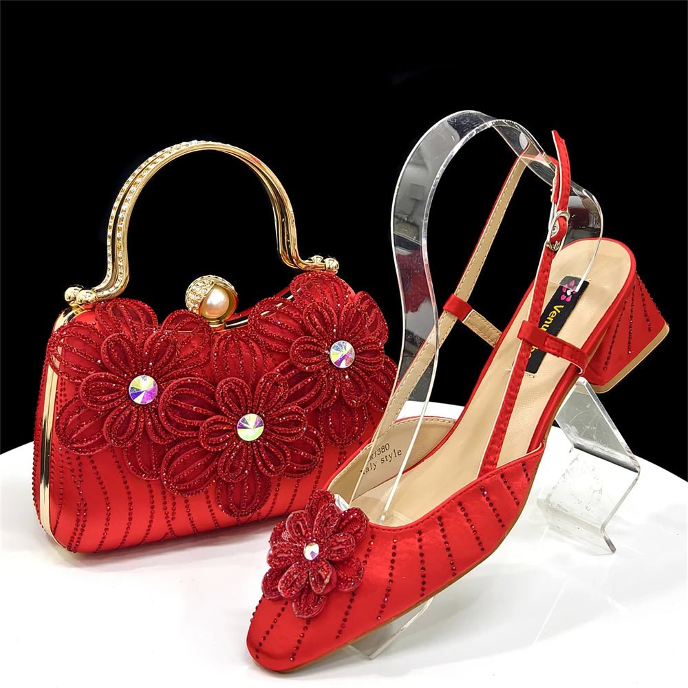 Red floral Italian Rhinestone Heels & Clutch Bag Set | Elegant Wedding on a white surface with a black background