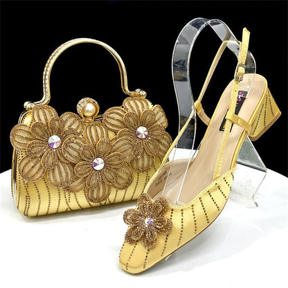Gold floral embellished Italian Rhinestone Heels & Clutch Bag Set | Elegant Wedding on a white background