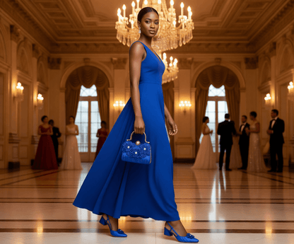 A model wearing a blue Italian rhinestone heels and holding a matching clutch bag - elegant wedding