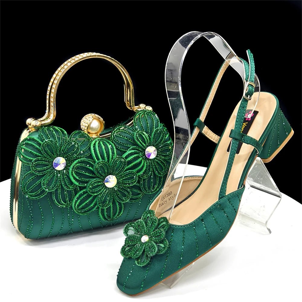 Green embroidered Italian Rhinestone Heels & Clutch Bag Set | Elegant Wedding on a clear stand with a black background