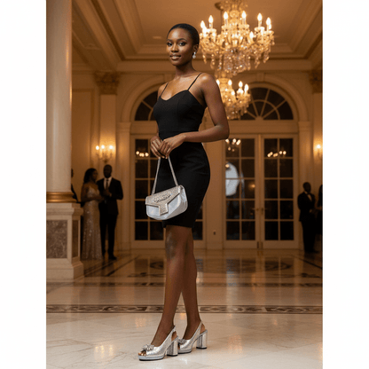 Woman in a black dress wearing the silver Italian Rhinestone Party Shoes & Bag – 2024 Italian Style and holding the silver matching bag in an elegant indoor setting with chandeliers.