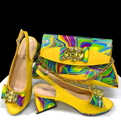 Italian Rhinestone Shoes and Bag Set for Summer Parties 2024 - Yellow - Women - Shoes - Milvertons