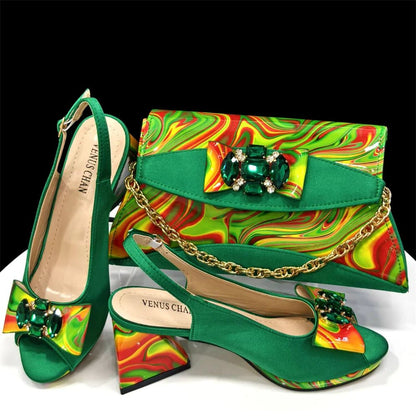 Italian Rhinestone Shoes and Bag Set for Summer Parties 2024 - Green - Women - Shoes - Milvertons