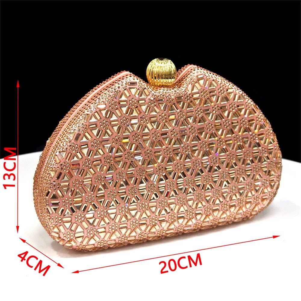 Champagne clutch bag with geometric pattern and dimensions indicated