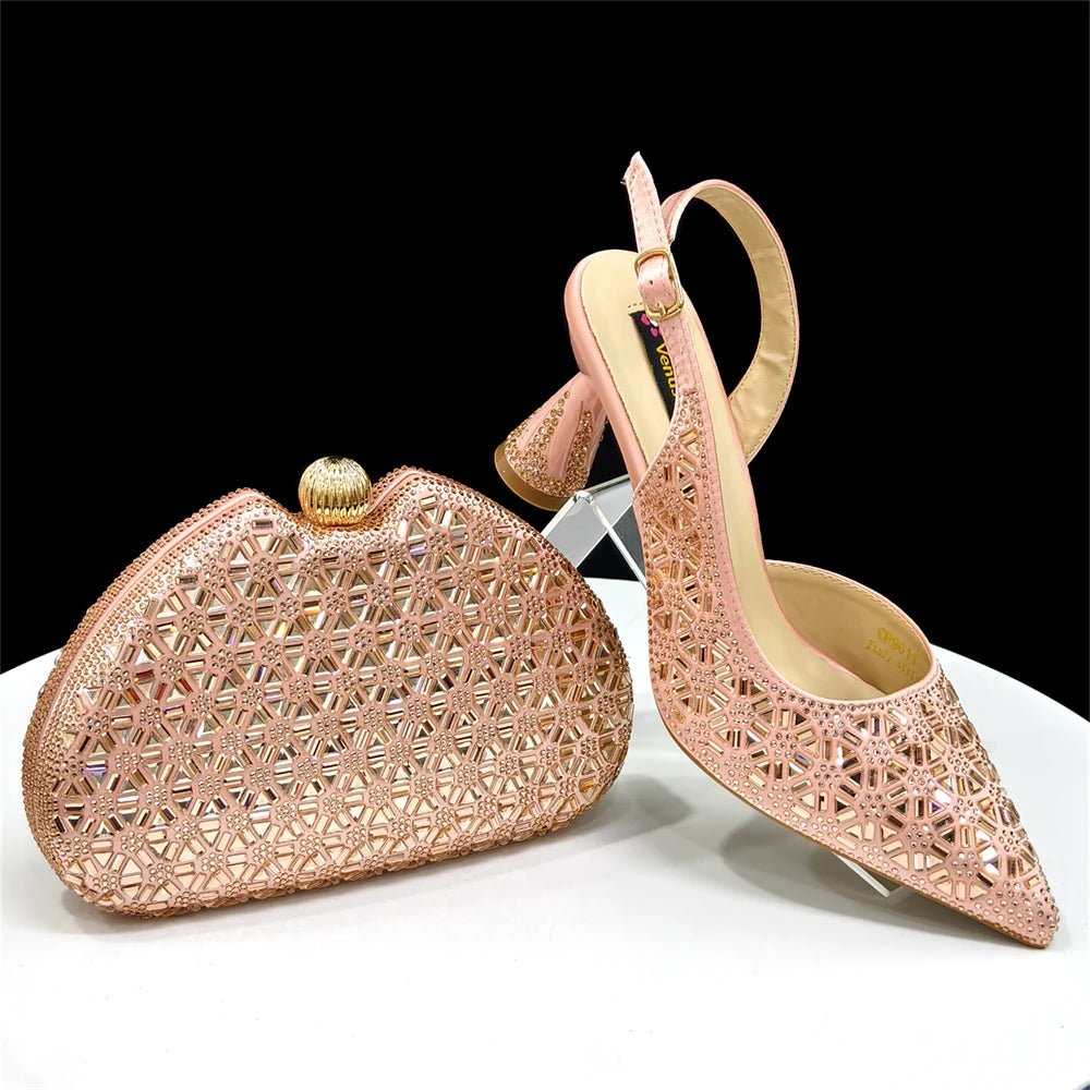 Champagne high-heeled Italian shoes and matching handbag on a white surface with a black background