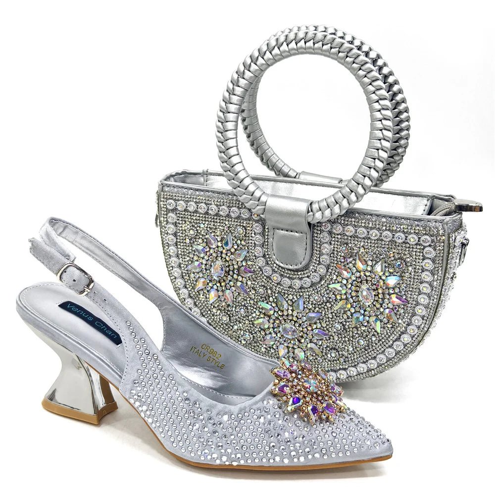 Italian Shoes and Bag Set 2024 – Rhinestone High Heels - Silver - Women - Shoes - Milvertons
