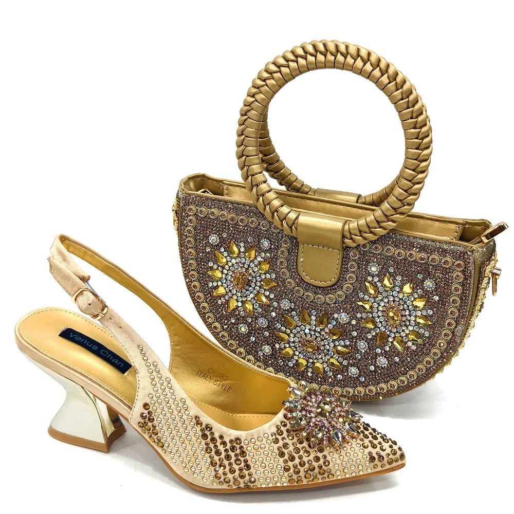 Italian Shoes and Bag Set 2024 – Rhinestone High Heels for Women - Gold - Women - Shoes - Milvertons