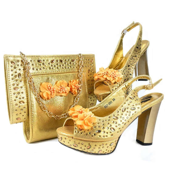 Italian Shoes and Bag Set with Stones for Evening Parties - Gold - Women - Shoes - Milvertons