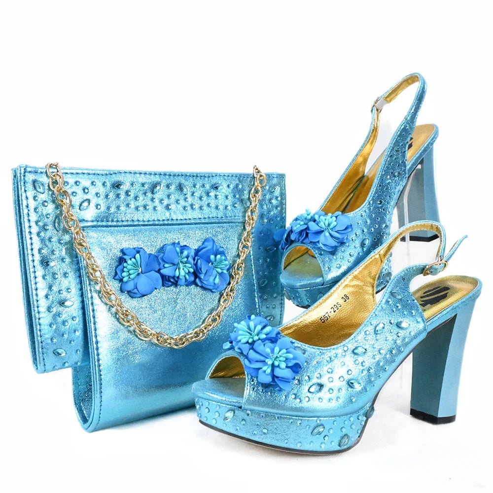 Italian Shoes and Bag Set with Stones for Evening Parties - Sky blue - Women - Shoes - Milvertons