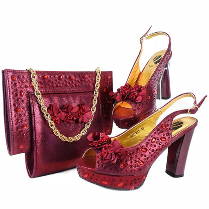 Italian Shoes and Bag Set with Stones for Evening Parties - Wine Red - Women - Shoes - Milvertons