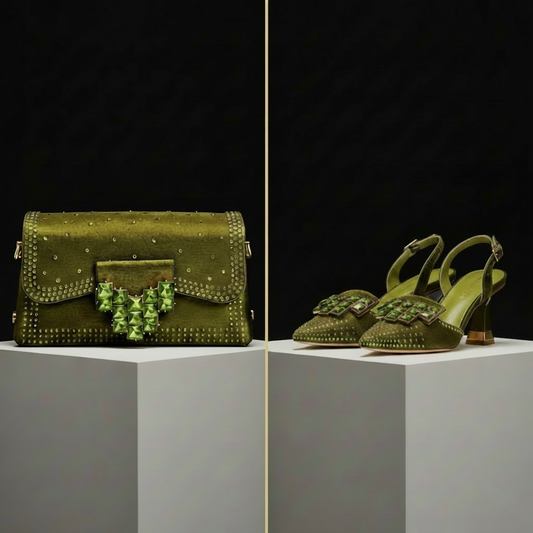Italian Style Shoe and Bag Set – Elegant Rhinestone Heels - An olive green studded handbag and matching studded slingback heels displayed side by side on white pedestals against a black background.