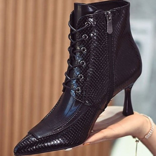 Lace-Up Pointed-Toe Snake Shape Split-Joint Boots Pumps - - Women - Shoes - migunica