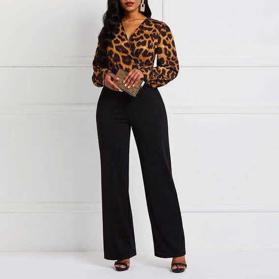 Leopard Sexy Jumpsuit Romper Women Long Sleeve Office Vintage Fashion African Ladies Party Casual Jumpsuits Long High Waist Punk - black S - Apparel & Accessories - Clothing - Suits - Pants Suits - Milvertons