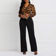 Leopard Sexy Jumpsuit Romper Women Long Sleeve Office Vintage Fashion African Ladies Party Casual Jumpsuits Long High Waist Punk - black S - Apparel & Accessories - Clothing - Suits - Pants Suits - Milvertons