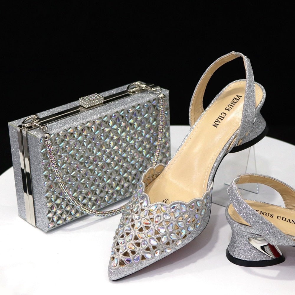 Low Heel Women's Shoes & Bag Set | Italian Rhinestone Design - Silver - Women - Shoes - Milvertons