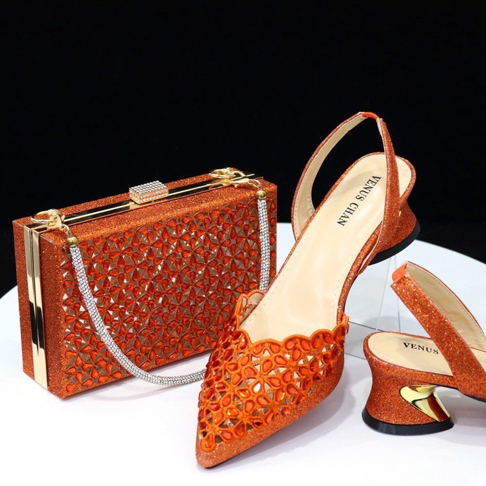 Low Heel Women's Shoes & Bag Set | Italian Rhinestone Design - Orange - Women - Shoes - Milvertons