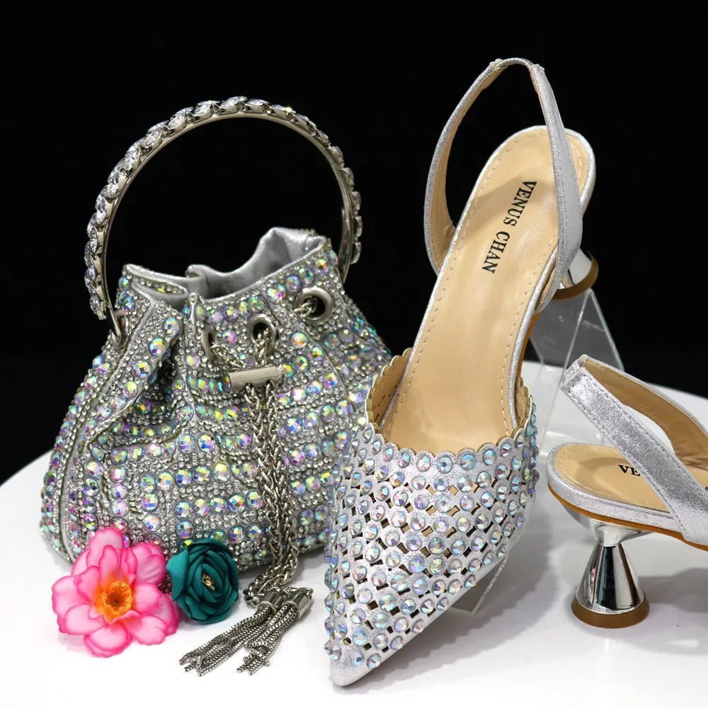 Luxury Diamond Pointed Toe Wedding Shoes & Bag Set - Silver - Women - Shoes - Milvertons