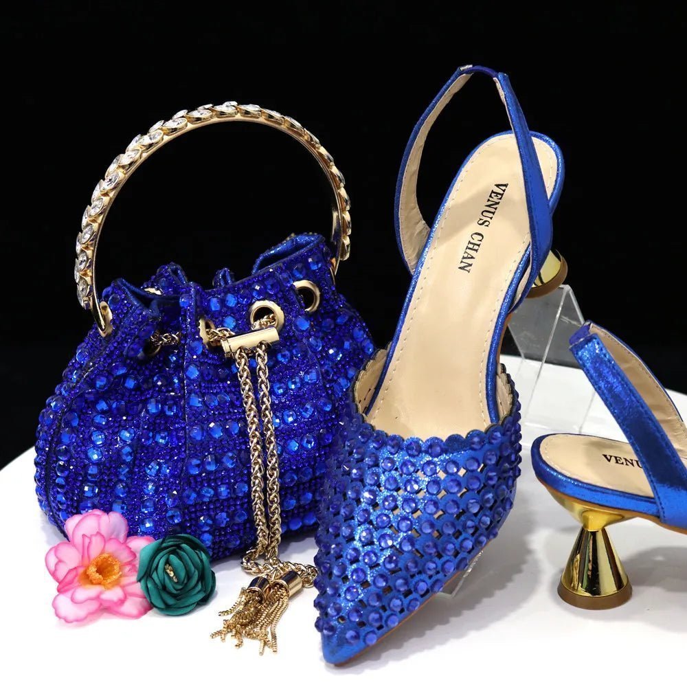 Luxury Diamond Pointed Toe Wedding Shoes & Bag Set - Blue - Women - Shoes - Milvertons