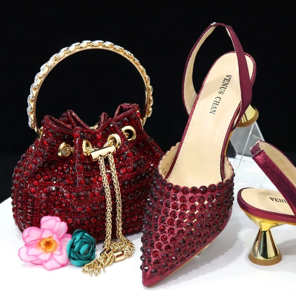 Luxury Diamond Pointed Toe Wedding Shoes & Bag Set - Wine - Women - Shoes - Milvertons
