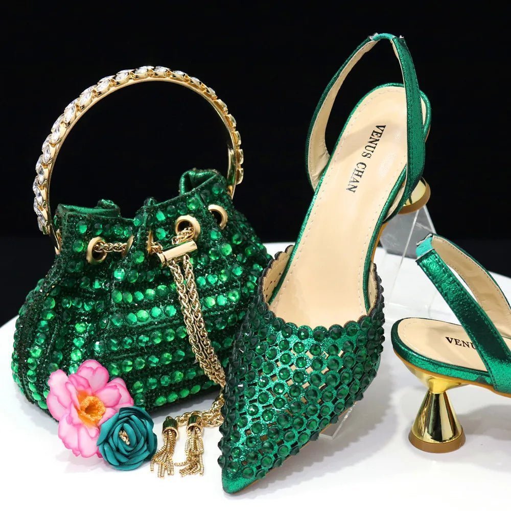 Luxury Diamond Pointed Toe Wedding Shoes & Bag Set - Green - Women - Shoes - Milvertons
