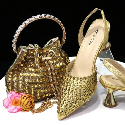Luxury Diamond Pointed Toe Wedding Shoes & Bag Set - Gold - Women - Shoes - Milvertons