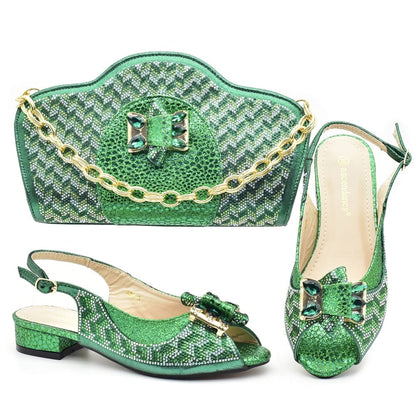 Luxury Italian Shoes and Bag Set decorated with Rhinestones - Green - Women - Shoes - Milvertons