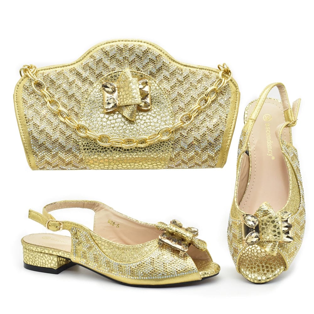 Luxury Italian Shoes and Bag Set decorated with Rhinestones - Gold 38 - Women - Shoes - Milvertons