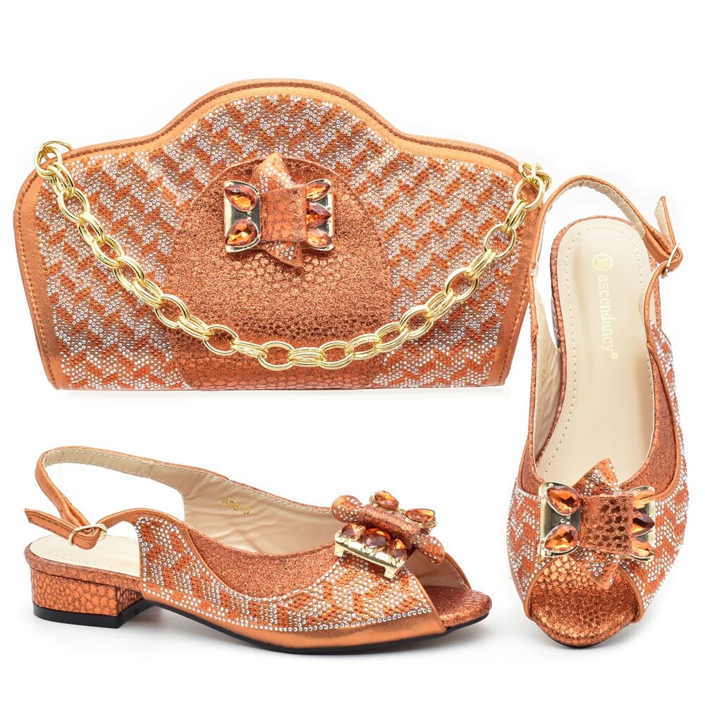 Luxury Italian Shoes and Bag Set decorated with Rhinestones - Orange - Women - Shoes - Milvertons