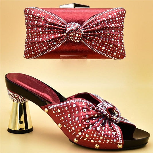 Luxury Italian Shoes and Bag Set for Party Decorated with Rhinestones - Red 42 - Women - Shoes - Milvertons