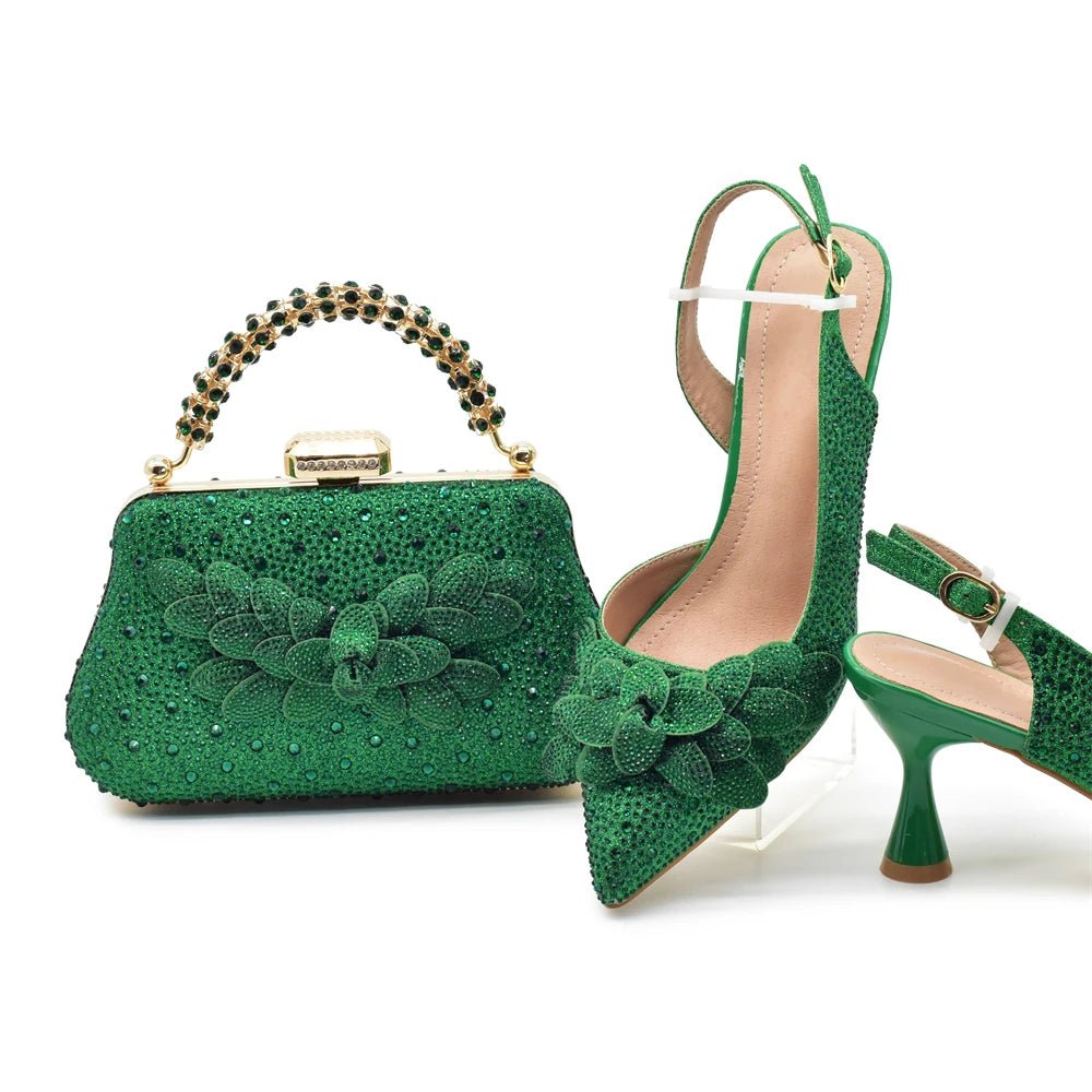 Luxury Italian Wedding Shoes and Bag Set with Rhinestones - Green - Women - Shoes - Milvertons