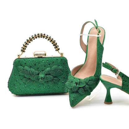 Luxury Italian Wedding Shoes and Bag Set with Rhinestones - Green - Women - Shoes - Milvertons