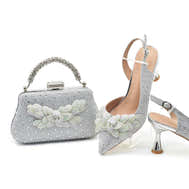 Luxury Italian Wedding Shoes and Bag Set with Rhinestones - Silver - Women - Shoes - Milvertons