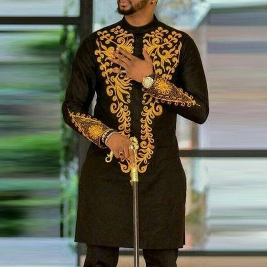 Men's Dashiki African Tops Luxury Golden Printed African Black Long Sleeve Rich Long Shirts for Dashiki Stand Collar - - Men - Apparel - Milvertons
