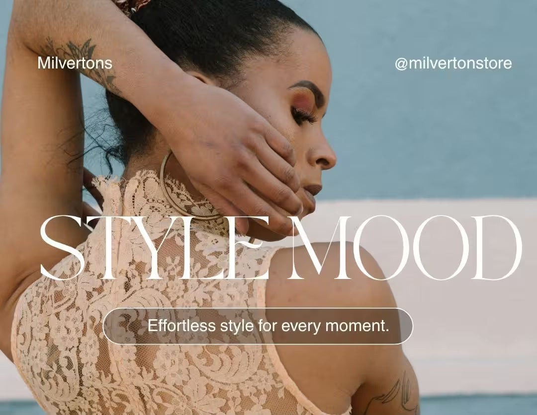 Woman wearing a lace top with 'Milvertons' branding and 'Style Mood' text.