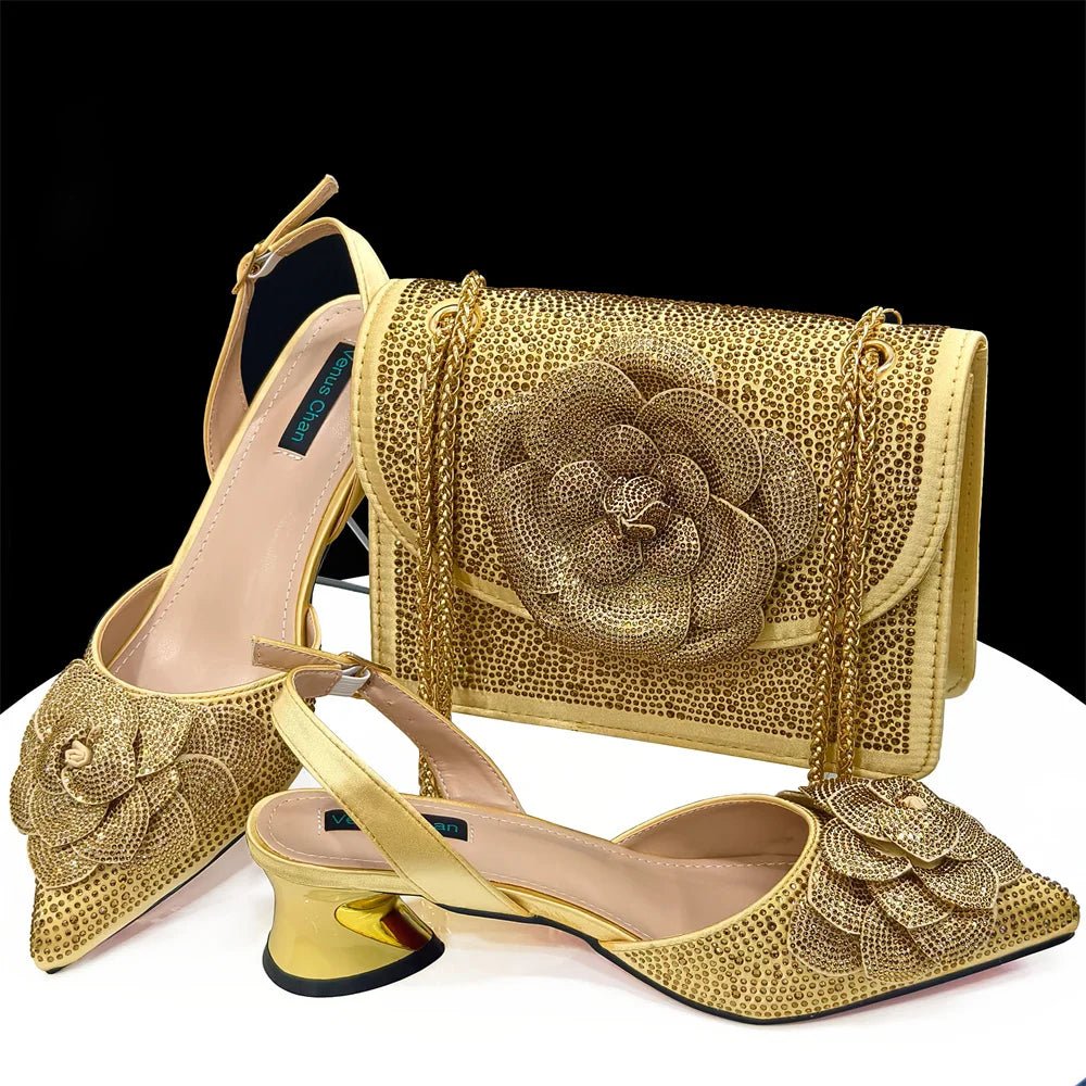 New Italian Design Women's Shoes + Matching Bag Set - Trendy - Gold - Women - Shoes - Milvertons